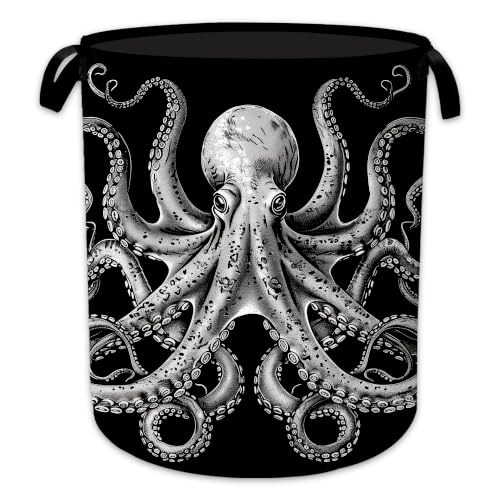 Image of Vintage Octopus Laundry Basket, Foldable Oxford Cloth Ocean Nautical Laundry Hamper with Handles, Tote Bag Clothes Storage Bucket for Laundry Room /Bathroom /Bedroom /Dormitories 20.8 inchx16 inch
