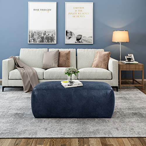 Image of POLY & BARK Denver Ottoman - 43 inch Large Pouf with Feather-Down Topper - Full-Grain Leather Upholstered Pouf Ottoman for Living Room - Vintage Italian Leather in Midnight Blue
