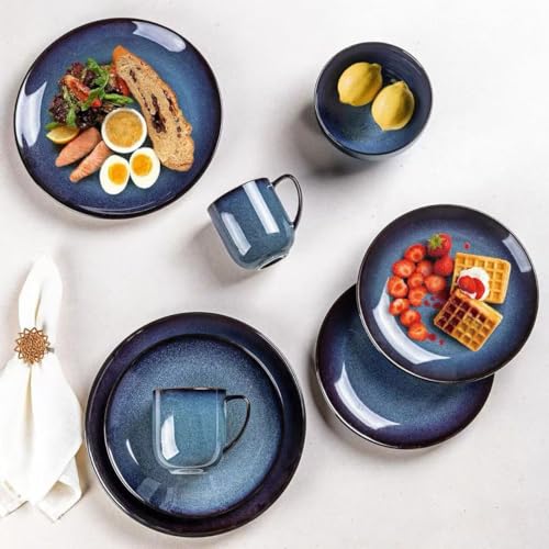 Image of LERATIO Ceramic Dinnerware Sets for 4,16-Piece Reactive Glaze Plates and Bowls Set with Mugs,Highly Chip and Crack Resistant | Dishwasher,Microwave & Oven Safe Dishes set-Blue