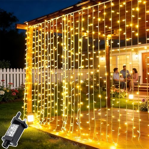 Dekofun 3M x 3M Curtain Lights Plug in, 300LED Curtain Fairy Lights with Timer, Connectable, Waterproof Hanging Waterfall Fairy Light for Bedroom Wall Gazebo Garden Pergola Indoor Outdoor Decorations