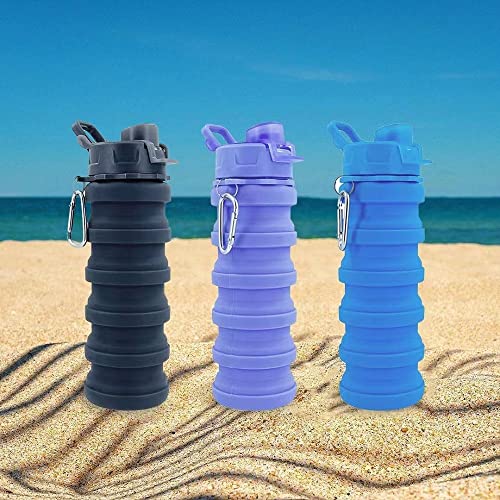 Konlongzan Collapsible Water Bottles 3 Pack Silicone Water Bottle With Carabiner Bpa Free Expandable Water Bottle 500Ml Portable Sport Water Bottle For Travel Camping. (Black+Purple+Blue) #TOP6