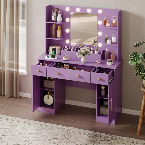 Image of HUANLEGO Vanity Desk with Mirror and Lights, Makeup Vanity with Mirror and LED Lights & Power Outlet, 3 Drawers and Cabinets, 3 Lighting Modes Dressing Table Set for Girls Women Bedroom,Purple