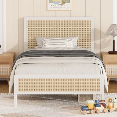 IMMERSTABLE Rattan Twin Bed Frames with Headboard, Boho Twin Metal