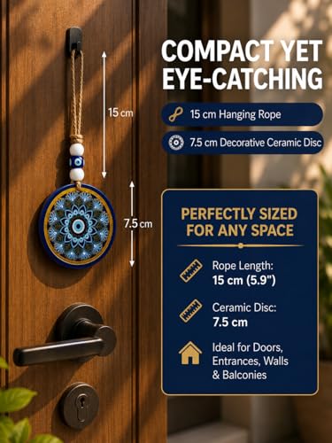 Image of Evil Eye Hanging for Home Decor, Turkish Nazar Wall Hanging, Handcrafted Ceramic Evil Eye Ornament with Jute Rope & Beads, Protection Door Hanging for Entrance, Balcony, Office & Housewarming Gift