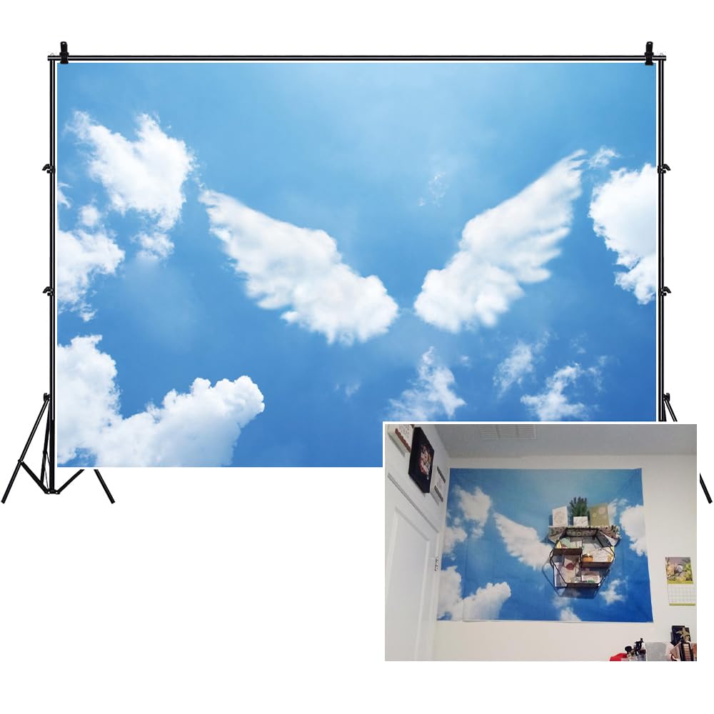 DORCEV Angel Wings Photography Backdrop for Birthday Party Gender Reveal Party Baby Shower Background Heaven Angel Wings Blue Sky White Cloud Party