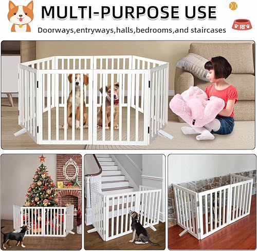Image of Belief Foldable Wooden Pet Gate for Dogs & Cats - Indoor Safety Barrier for Doorways, Hallways & Stairs | Free-Standing, Portable White Dog Fence - 3 Panel, 60 cm Height (【3 Panels 】 59''W x 24''H)