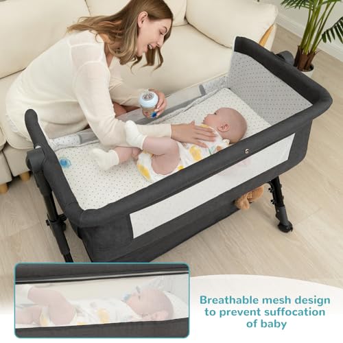 Foalom Baby Bassinet, 3 in 1 Baby Bassinet, Baby Basinet Bedside Sleeper, Easy to Fold Portable Crib Side Bassinet, Baby Cradle with Storage Basket, Adjustable Bedside Crib (Dark Grey)