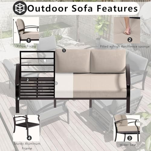 Image of Aluminum Patio Furniture Set with Fire Pit Table, 7 Seats Outdoor Patio Conversation Sets with Swivel Chair Modern Metal Sectional Sofa with Upgrade Cushions for Patio, Backyard - Sand