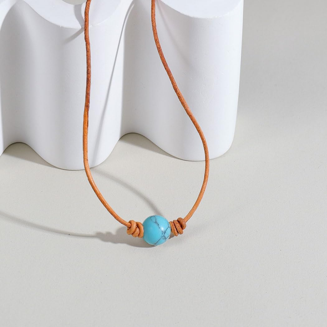 Boho Vintage Choker Necklace Brown Leather Choker Necklace Turquoise Pendant Necklaces for women - Image 3