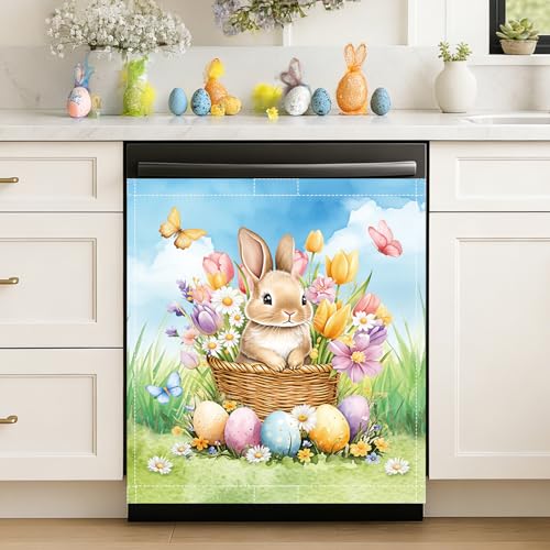Easter Dishwasher Magnet Cover Bunny with Spring Flowers Magnets Eggs Refrigerator Sticker Spring Flower Dishwasher Sticker Decorations for Spring Fridge Dishwasher Kitchen Refrigerator Cover