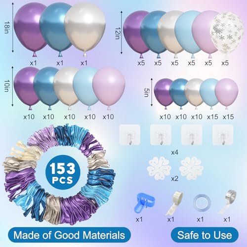 Amandir 153pcs Blue Purple Balloon Garland Arch Kit, Different Sizes 18 12 10 5 inch Blue Purple Pearlescent Metallic Confetti Snow Balloons for Princess Winter Wonderland Girl Baby Party Decorations - Image 3