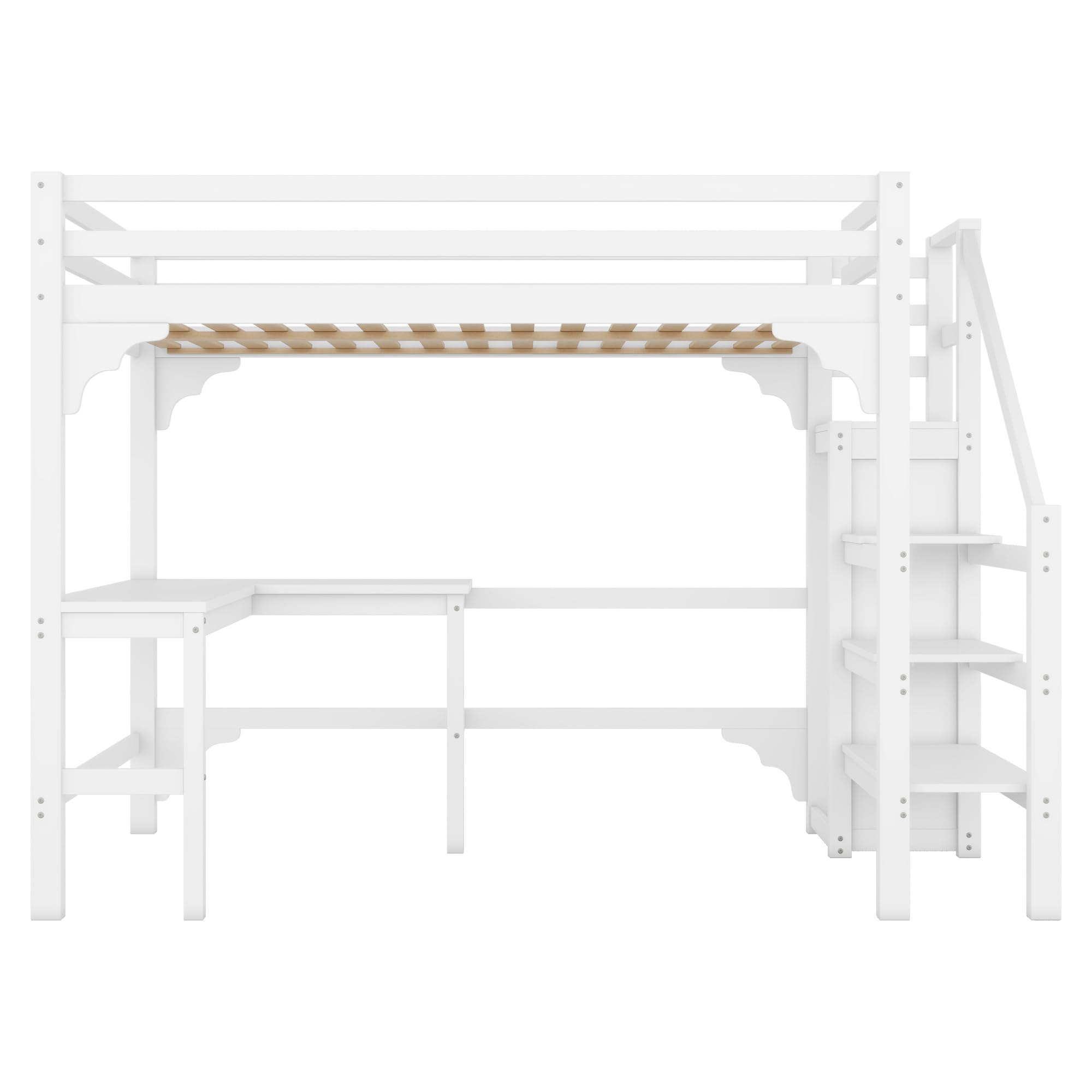Wiuzo Letto a soppalco, 140 x 200 cm, elegante scrivania a forma di L, in legno di pino, stile minimalista, bianco