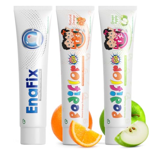 Image of Enafix + Pediflor Green Apple & Orange Toothpaste Combo Pack | Enamel Remineralization Toothpaste (70g x1) | Kids Anti-Cavity, 2 Flavours (70g x1 each)