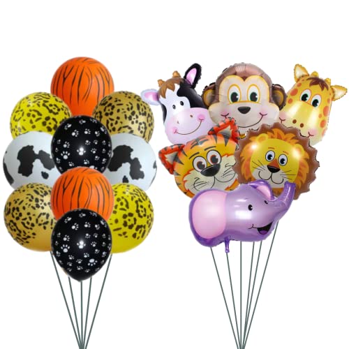 Image of Party Decorz Jungle /Safari /Zoo Animal Theme Foil Balloon Set Of 16 Pcs (6pcs Animal Small Foil Balloon+10 pcs Printed Latex Balloon) For Kids Safari /Zoo /Jungle Animal Theme Birthday Party Decoration