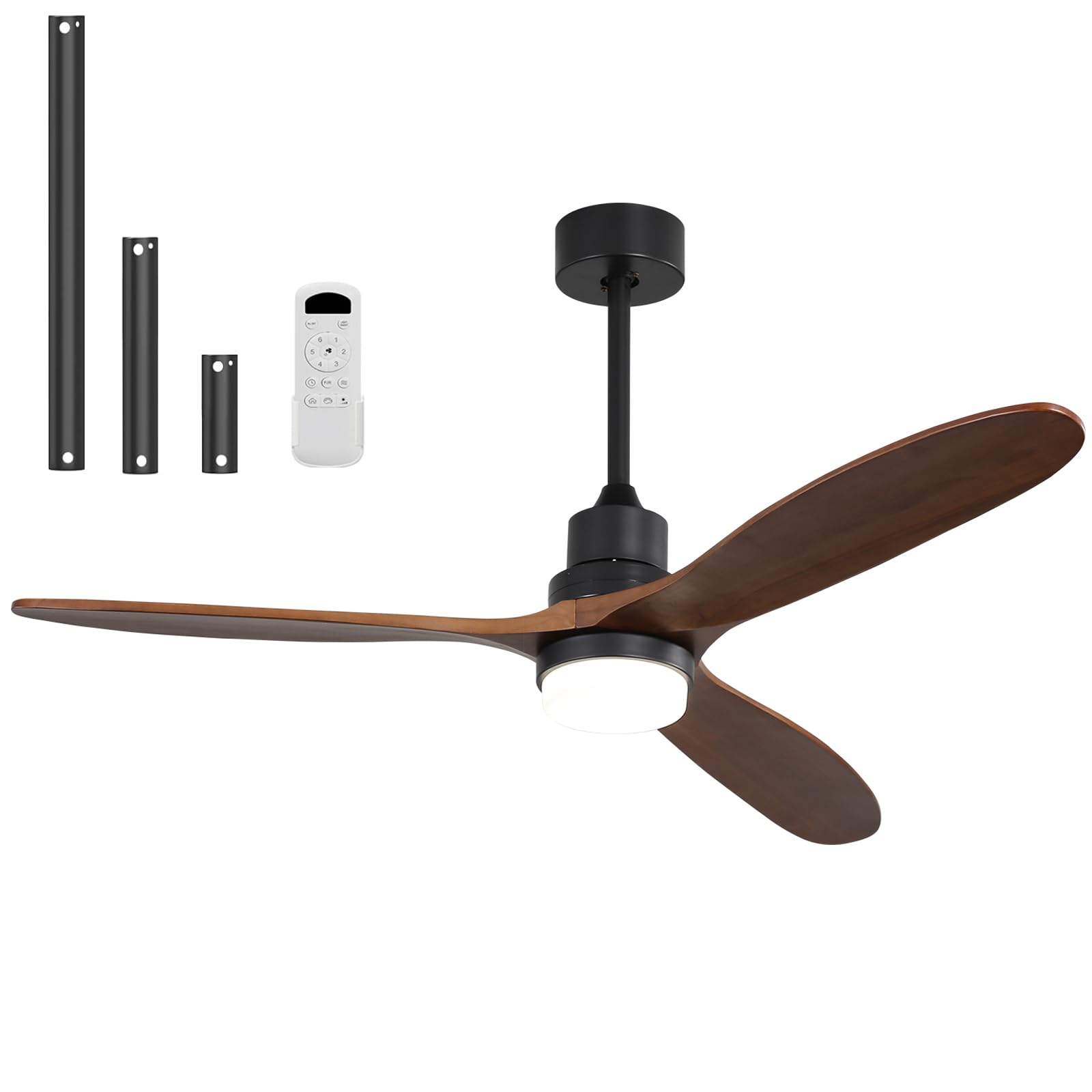 Sofucor 60 inch Solid Wood Ceiling Fan with Lights and Remote, Low Profile Brown Black Ceiling Fan with 3 Downrod, Outdoor Indoor Modern 3 Blade Ceiling Fan for Living Room Bedroom Farmhouse Patio