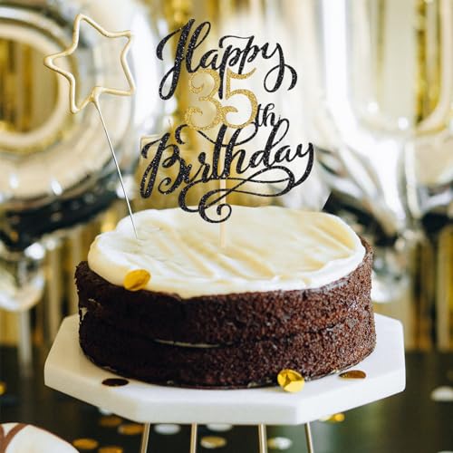 1 Pack Happy 35th Birthday Cake Topper Glitter Black Gold Birthday Cake Decoration35 Fabulous Cake D