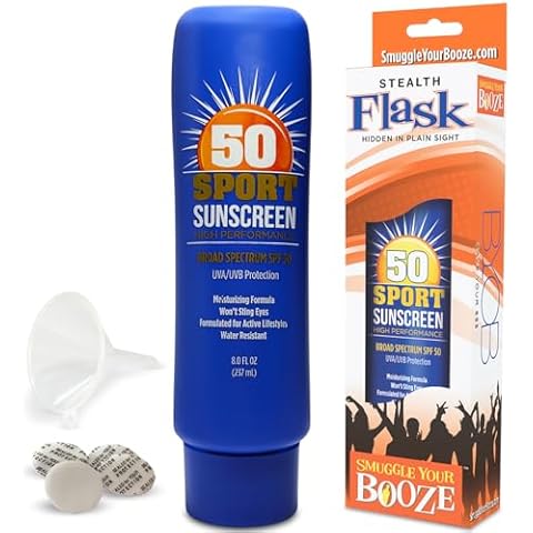 Secret Hidden SPF 50 Sunscreen Lotion Flask by Smuggle Your Booze - 5 Tamper-Resistant Seals & Funnel | BPA-Free Plastic Discreet Liquor Flasks for Concert Party, Cruise, Beach Essentials (8 fl oz) Cover