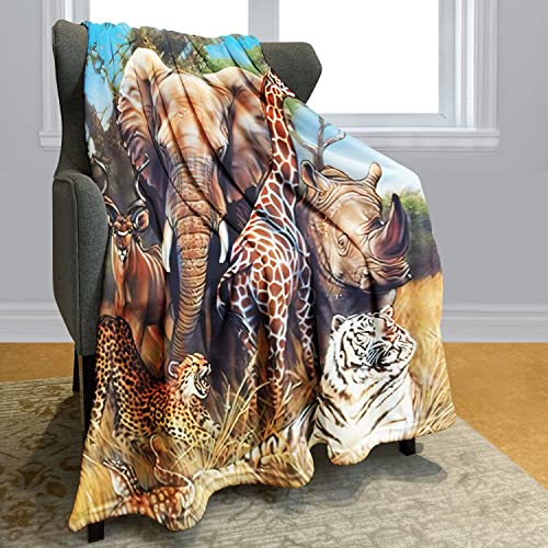 Yisumei African Safari Animal Blanket, Savanna Deer Elephant Giraffe Rhinoceros Lizard Tiger Leopard, Wildlife Theme Indoor And Outdoor Universal, 50"X60" #TOP16