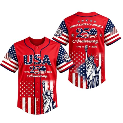 Camiseta de béisbol patriótica Estados Unidos 250 aniversario con estampado de Estatua de la Libertad, camisa con botones, polo transpirable de manga corta miniatura 1