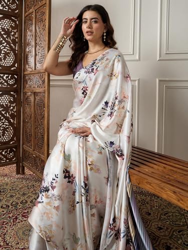 Image of AKHILAM Women's Multicolor Satin Silk Floral Printed Saree With Unstitched Blouse (SATIN1403 RJ11 Parent)