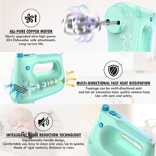 GUALIU Electric Hand Mixer with Stainless Steel Whisk, Dough Hook Attachment and Storage Bag, Handheld Mixer for Baking Cakes, Eggs, Cream Food Mixers. Turbo Boost /5 Speed Kitchen Blender GREEN