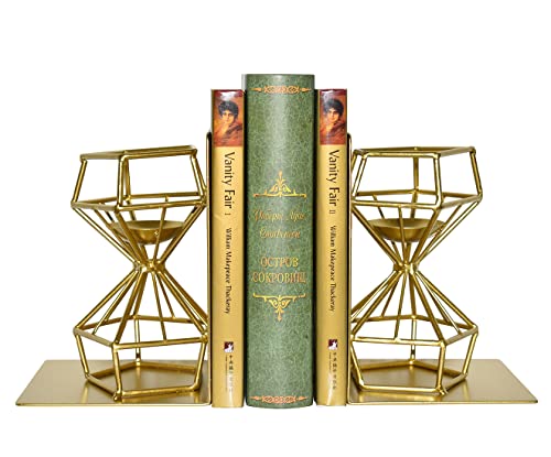 JUCONSIN Buchstützen aus Metall für Regale, Buchstützen zum Halten von Büchern, strapazierfähig, modernes Sanduhr-Design, Buchstützen für Home Office Schreibtisch, Gold Cover