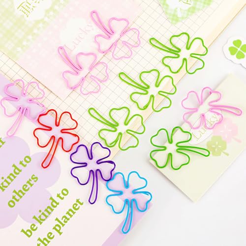 Canollo 30 Stück Bunt Vierblättrige Kleeblatt Büroklammern, Büroklammern Groß, Bunt Nette Papierklammern, Metall Papierklammern, Kreative Büroklammer für Büro Schule Schreibwaren Dokumente Gift