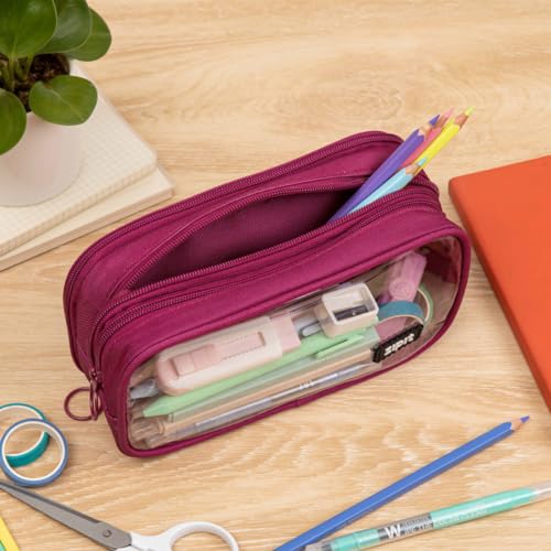 Image of ZIPIT Half & Half Pencil Case for Girls, 3 Compartment Zipper Pouch for School, Stationery Bag for Teen and Adults, Pink