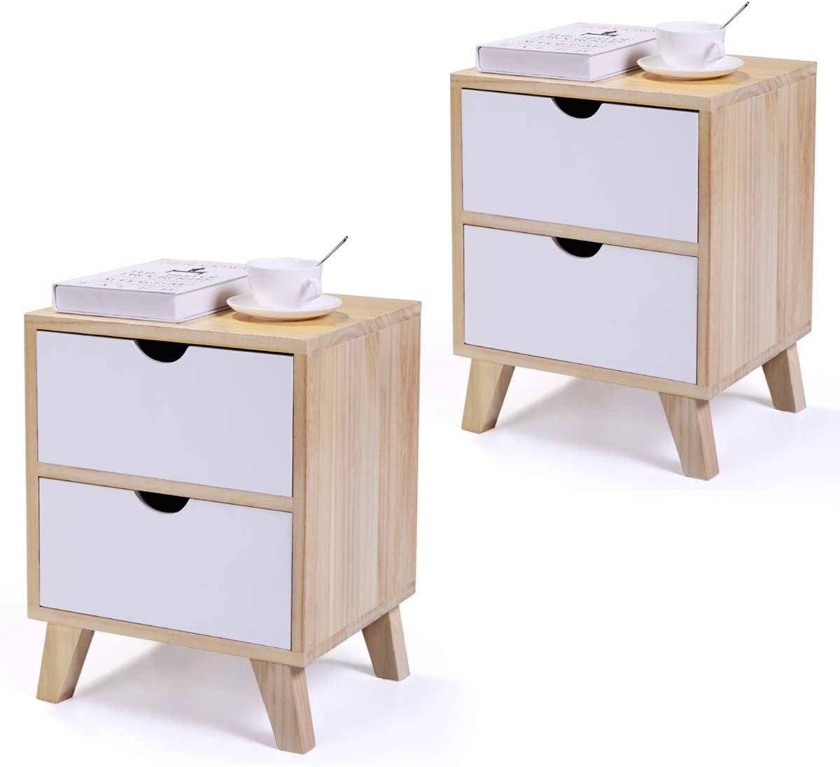 JAXPETY Set of 2 Bedside Table Solid Wood Legs Nightstand with White Storage Drawer (Wood Color & White)