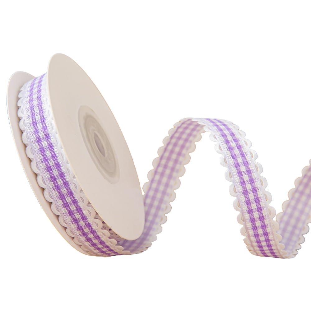 1.5cmx10 Yard Wavy Edge Plaid Ribbon Polyester Checkered Ribbon for Bouquet Gift Wrapping, Purple