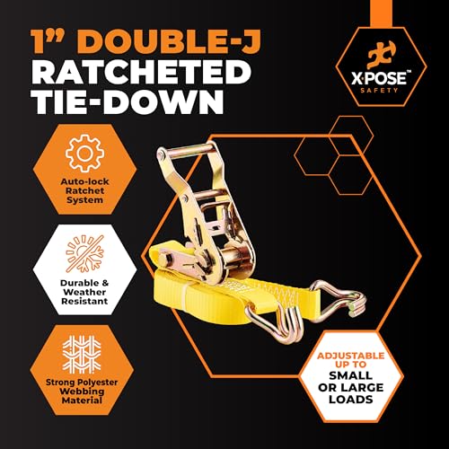 Image of Xpose Safety 4-Pack Retractable Ratchet Straps with Double J Hooks, Heavy Duty 1 inch x 15', 3,000 lbs Break Strength Tie-Downs for Truck, Trailer, Kayak & Motorcycle