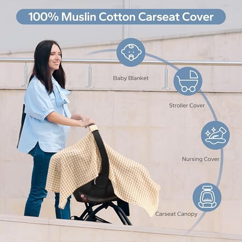 SERAPHY 100% Muslin Cotton Car Seat Covers for Babies, Universal Baby Car Seat Cover, Breathable Muslin Carseat Cover Canopies for Boys and Girls, Soft Infant Car Seat Cover for Summer — Beige — view 2