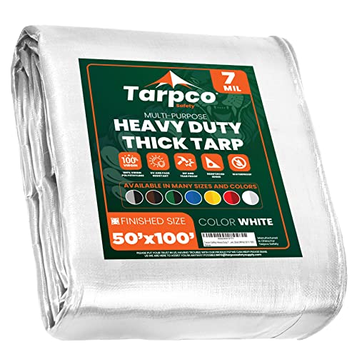 Image of Heavy Duty 7 Mil Tarp Cover, Waterproof, UV Resistant, Rip and Tear Proof, Poly Tarpaulin with Reinforced Edges for Roof, Camping, Patio, Pool Cover, Boat (White 50′ X 100′)