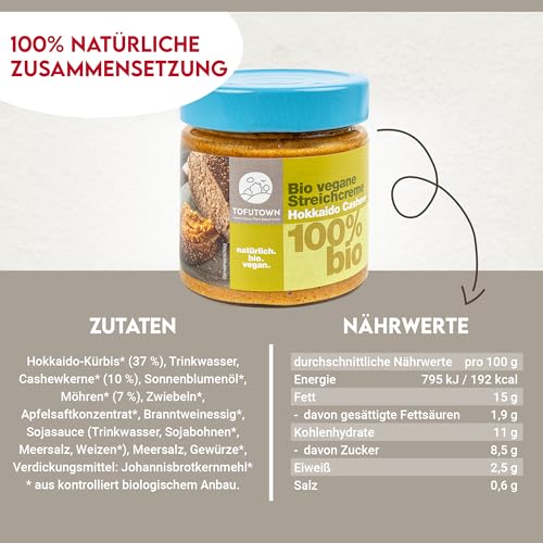 TofuTown Bio Veganer Brotaufstrich Streichcreme Hokkaido Cashew – 6x180g Vorratspack, 100% Bio, Made in Germany, Ohne Künstliche Zusatzstoffe, Ungekühlt haltbar, Vegane Aufstriche Veggie