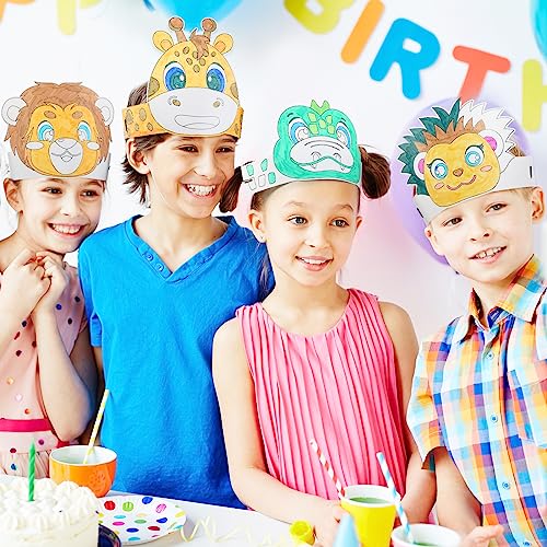 Image of HESTYA 40 Pcs Animal DIY Headbands Jungle Safari Party Crowns with Watercolor Pens Jungle Animal Party Headbands Animal Coloring Crowns Safari Animal Party Hats for Kid Students Craft Costume Cosplay
