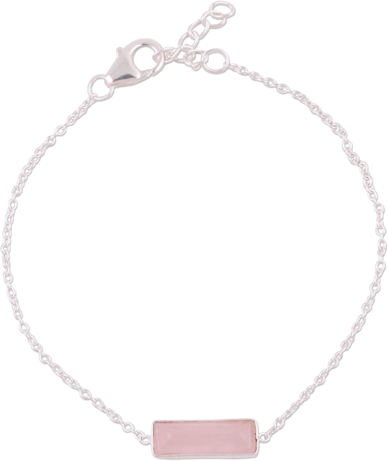 NOVICA Artisan Handmade Rose Quartz Pendant Bracelet | 925 Sterling Silver | Pink Birthstone | Made in India | 7.25-8" L x 0.2" W