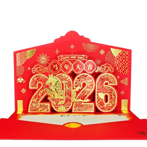 WALENGIF Year of The Horse 3D Pop Up Card Happy Chinese New Year Cards 2026 - Spring Festival Gifts Cards Lunar New Year Greeting Cards with Envelope Chinese Year of The Horse Decoration Party Favors Supplies