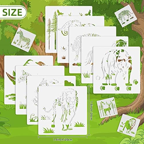 9 Pieces Animal Stencil Templates 8 Inch Reusable Animal Painting Stencil Bear Tiger Elephant Horse Lion Giraffe Zebra Rhino Deer Craft Drawing Template for Greeting Card Scrapbook Wall Art