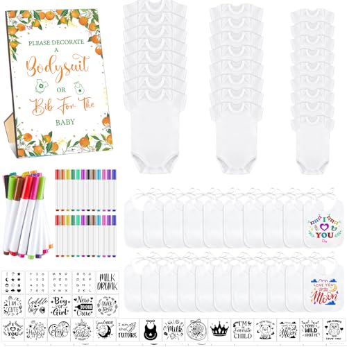 Panitay 100 Pcs Blank Bib Bodysuit Baby Shower Set Baby Shower Sign Blank Feeder Bib DIY Bodysuit Fabric Colorful Marker(Little Cutie)