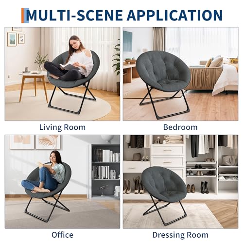 Saucer Chair with Faux Fur Cover - Foldable Moon Chair for Teens & Adults, Large Circle Seat Perfect for Bedroom, Living Room & Playroom, Soft Gaming Chair for Compact Spaces, Gray