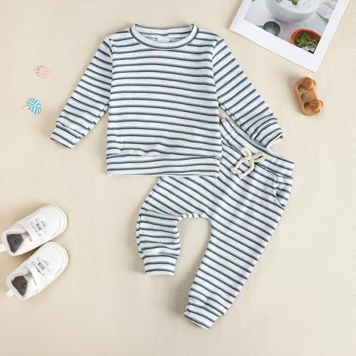 ChuYuKu Baby Girl Boy Clothes Set Toddler Fall Winter Outfit 2 Piece Striped Long Sleeve Shirt & Pants with Pockets Blue 2-3T — view 2