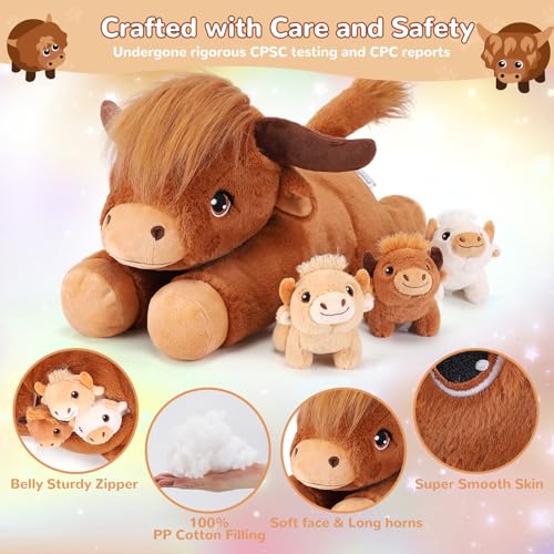 Image of 4 Pieces Highland Cow Stuffed Animals - 1 Mommy Stuffed Highland Cow with 3 Babies - Brown Cow Gifts for Girls Age 3-8, Cows Plush Toys for Christmas, Valentine's, Birthday Gifts (Brown)