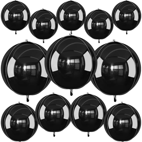 Image of 12PCS Metallic Black Round Foil Balloons 22 inch 15 inch 10 inch Large Mylar Balloons | Shiny Black 4D Ball Balloons for Birthday Party, Graduation, Wedding, Christmas, New Year, Disco Prom Party Decorations
