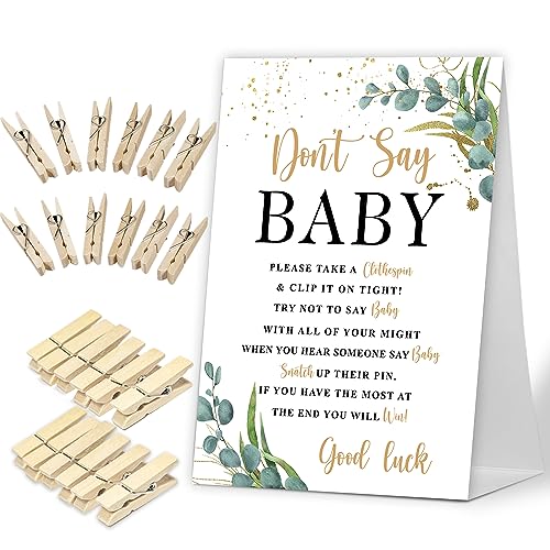 Don't Say Baby Game, Woodland Greenery Baby Shower Game Include Baby Shower Sign and 50 Pcs Mini Clothespins, Gender Neutral Baby Shower Decoration, Party Favors Supplies-LF26