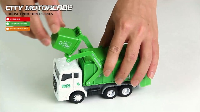 NOVAFUSION Camión de basura de juguete con brazo cargador frontal y función de elevación automática, cabina metálica de camión de basura de fundición a presión, juguete de camión de basura accionado