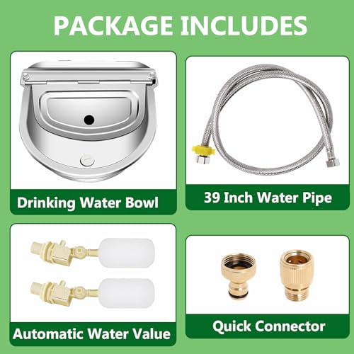 Automatic Livestock Water Bowl with Float Valves, 39’’ Water Hose, 3/4’’ Quick Connector, 304 Stainless Steel Animal Waterer Bowl Kit for Livestock Dog Horse Cow Cattle Goat Farm Supplies