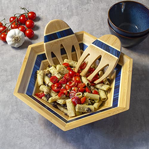 Baltique Malta Collection 14" Salad Serving Bowl With Salad Hands, Bamboo And Colored Birch Wood #TOP2