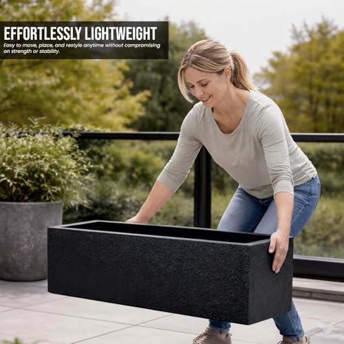Image of Go Hooked Recta R Black Planter Pot (21x8 Inch) | Big Size Outdoor & Indoor Pot for Plants | Modern Design Lightweight & Durable Rectangle Polymer Flower Pot for Balcony, Terrace & Garden