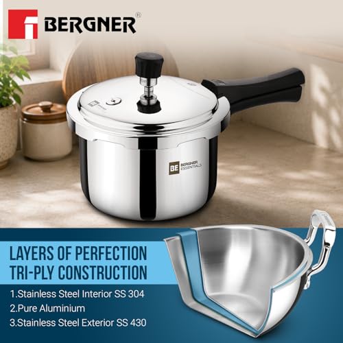 Image of Bergner BE Essentials Triply Pressure Cooker 3 Pcs Set - 5L, 3L and 2L Outer Lid Pressure Cooker Combo, Even Heat Distribution, Sturdy Rivetless Handle, Healthy Cooking - Induction and Gas Stove Ready