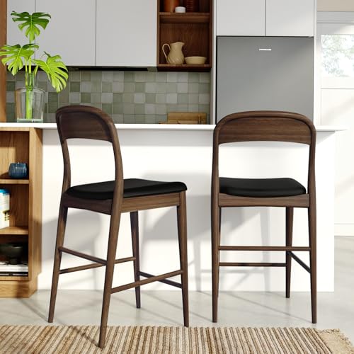 Image of Plank+Beam Loar Upholstered Counter Stool, Solid Rubberwood, Mid-Century Modern Kitchen Bar Chair, Curved Back, Low-VOC Finish, Counter Height Seating, Walnut /Black